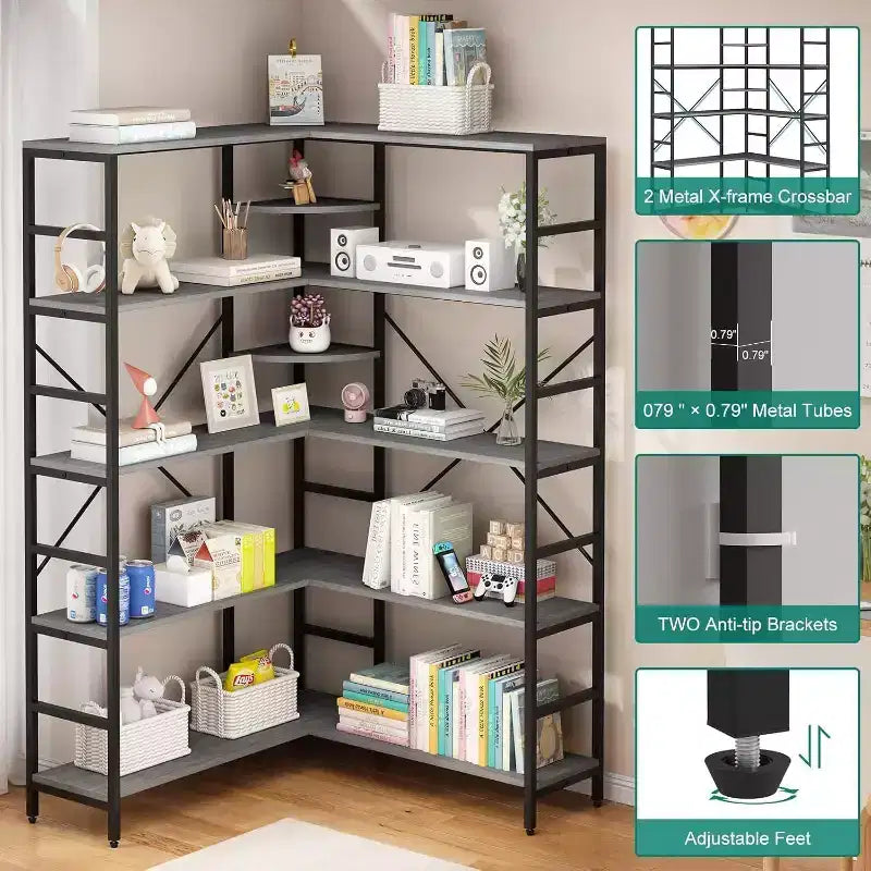 5 Tier Corner Bookcase, Industrial L-Shaped Wooden Bookcase, Large Storage Display Shelf with Metal Frame, Home Office, Living Room, Kitchen