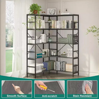 5 Tier Corner Bookcase, Industrial L-Shaped Wooden Bookcase, Large Storage Display Shelf with Metal Frame, Home Office, Living Room, Kitchen