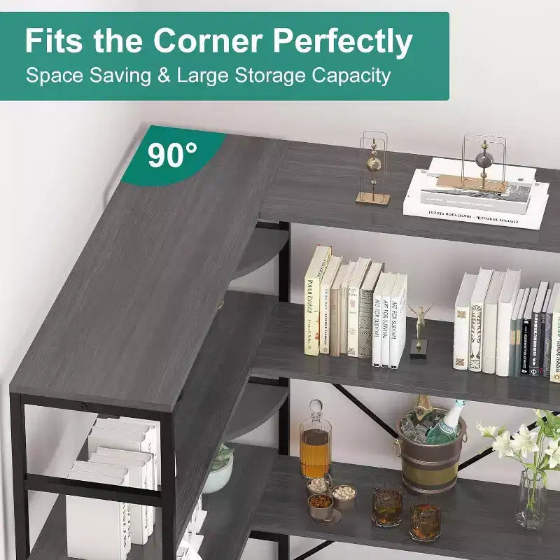 5 Tier Corner Bookcase, Industrial L-Shaped Wooden Bookcase, Large Storage Display Shelf with Metal Frame, Home Office, Living Room, Kitchen
