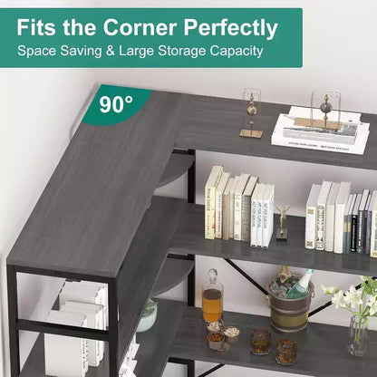 5 Tier Corner Bookcase, Industrial L-Shaped Wooden Bookcase, Large Storage Display Shelf with Metal Frame, Home Office, Living Room, Kitchen