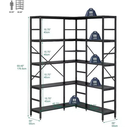 5 Tier Corner Bookcase, Industrial L-Shaped Wooden Bookcase, Large Storage Display Shelf with Metal Frame, Home Office, Living Room, Kitchen