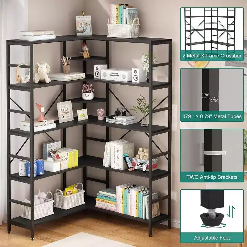 5 Tier Corner Bookcase, Industrial L-Shaped Wooden Bookcase, Large Storage Display Shelf with Metal Frame, Home Office, Living Room, Kitchen