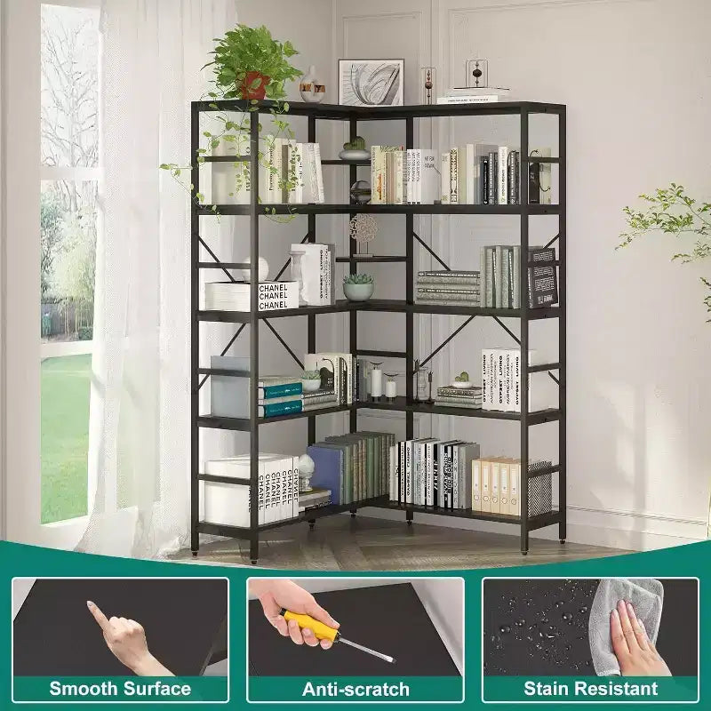 5 Tier Corner Bookcase, Industrial L-Shaped Wooden Bookcase, Large Storage Display Shelf with Metal Frame, Home Office, Living Room, Kitchen