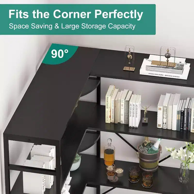 5 Tier Corner Bookcase, Industrial L-Shaped Wooden Bookcase, Large Storage Display Shelf with Metal Frame, Home Office, Living Room, Kitchen