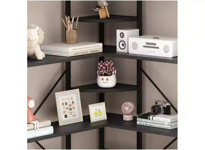 5 Tier Corner Bookcase, Industrial L-Shaped Wooden Bookcase, Large Storage Display Shelf with Metal Frame, Home Office, Living Room, Kitchen