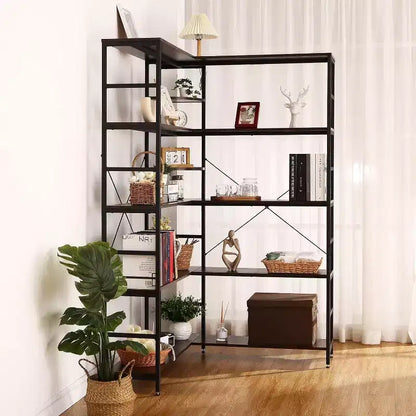 5 Tier Corner Bookcase, Industrial L-Shaped Wooden Bookcase, Large Storage Display Shelf with Metal Frame, Home Office, Living Room, Kitchen
