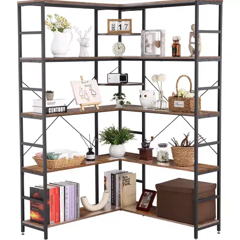 5 Tier Corner Bookcase, Industrial L-Shaped Wooden Bookcase, Large Storage Display Shelf with Metal Frame, Home Office, Living Room, Kitchen
