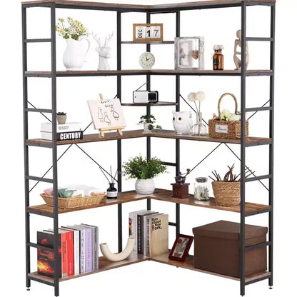 5 Tier Corner Bookcase, Industrial L-Shaped Wooden Bookcase, Large Storage Display Shelf with Metal Frame, Home Office, Living Room, Kitchen