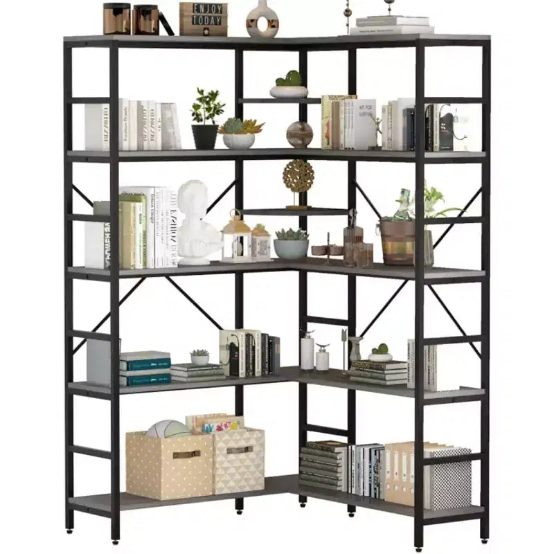 5 Tier Corner Bookcase, Industrial L-Shaped Wooden Bookcase, Large Storage Display Shelf with Metal Frame, Home Office, Living Room, Kitchen