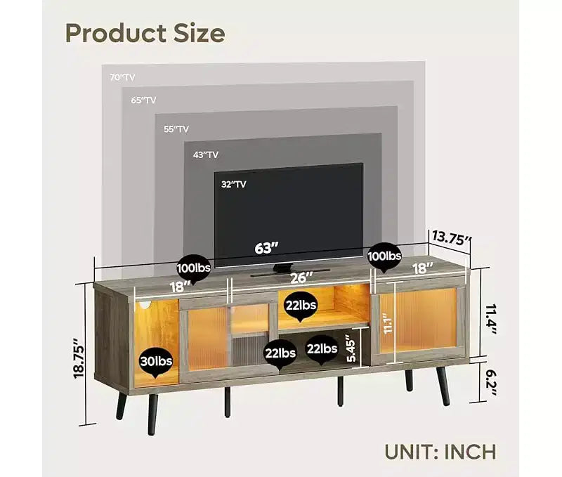 63" Modern TV Stand with LED Lights & Cable Management for TVs up to 70"