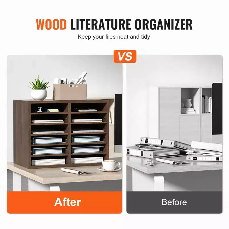 12-Compartment Wood Literature Organizer with Adjustable Shelves, EPA Certified
