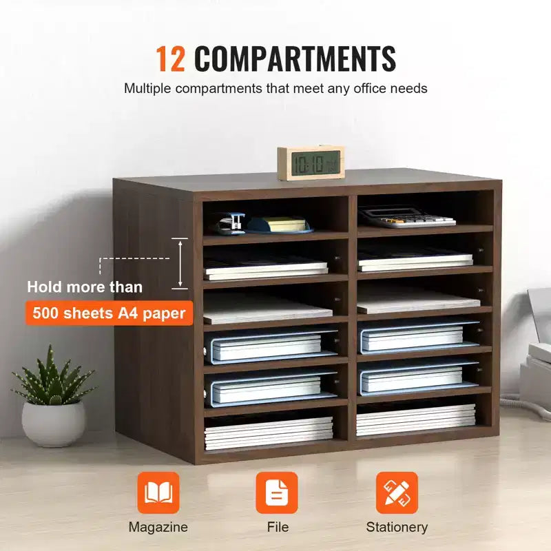 12-Compartment Wood Literature Organizer with Adjustable Shelves, EPA Certified