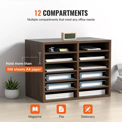 12-Compartment Wood Literature Organizer with Adjustable Shelves, EPA Certified
