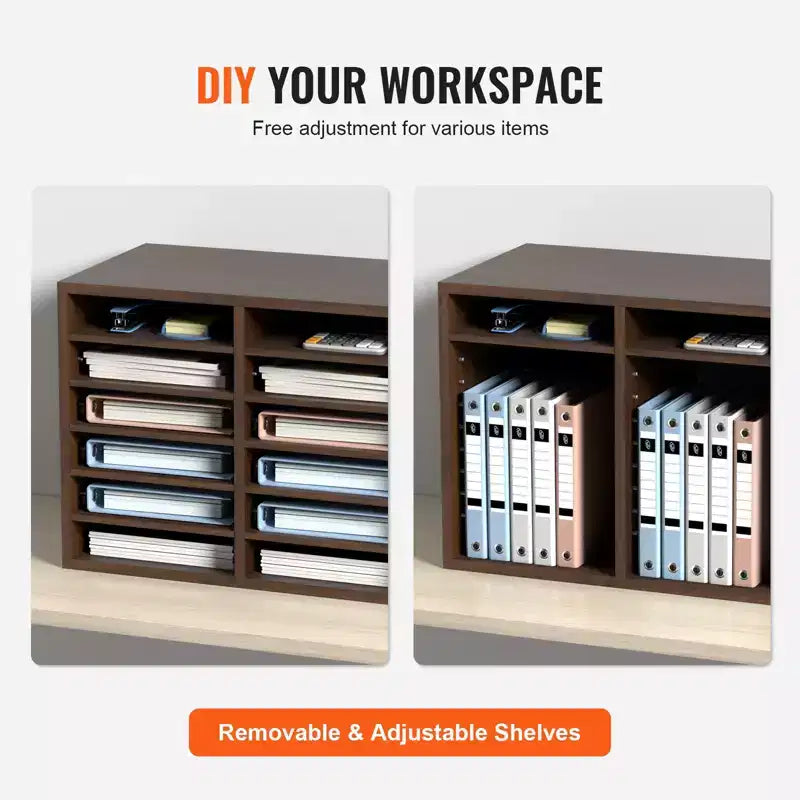 12-Compartment Wood Literature Organizer with Adjustable Shelves, EPA Certified