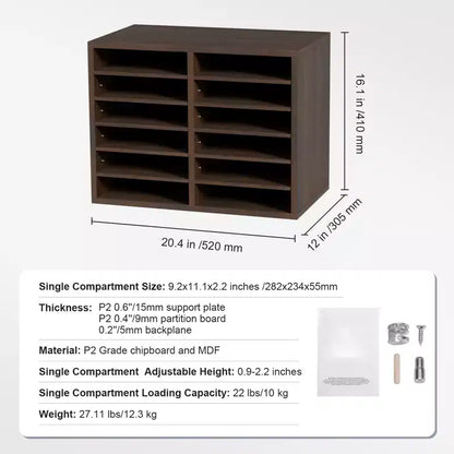 12-Compartment Wood Literature Organizer with Adjustable Shelves, EPA Certified