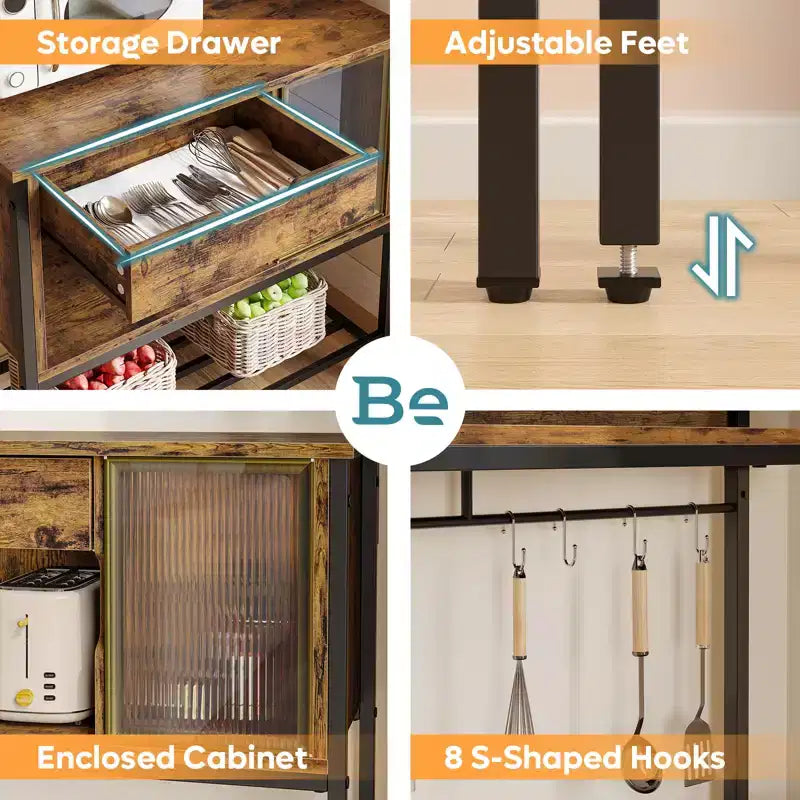 60" 6-Tier Kitchen Baker's Rack with LED Light, Microwave Stand, Drawer, Cabinet & 8 Hooks