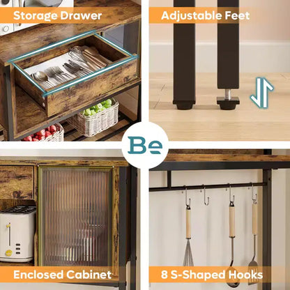 60" 6-Tier Kitchen Baker's Rack with LED Light, Microwave Stand, Drawer, Cabinet & 8 Hooks
