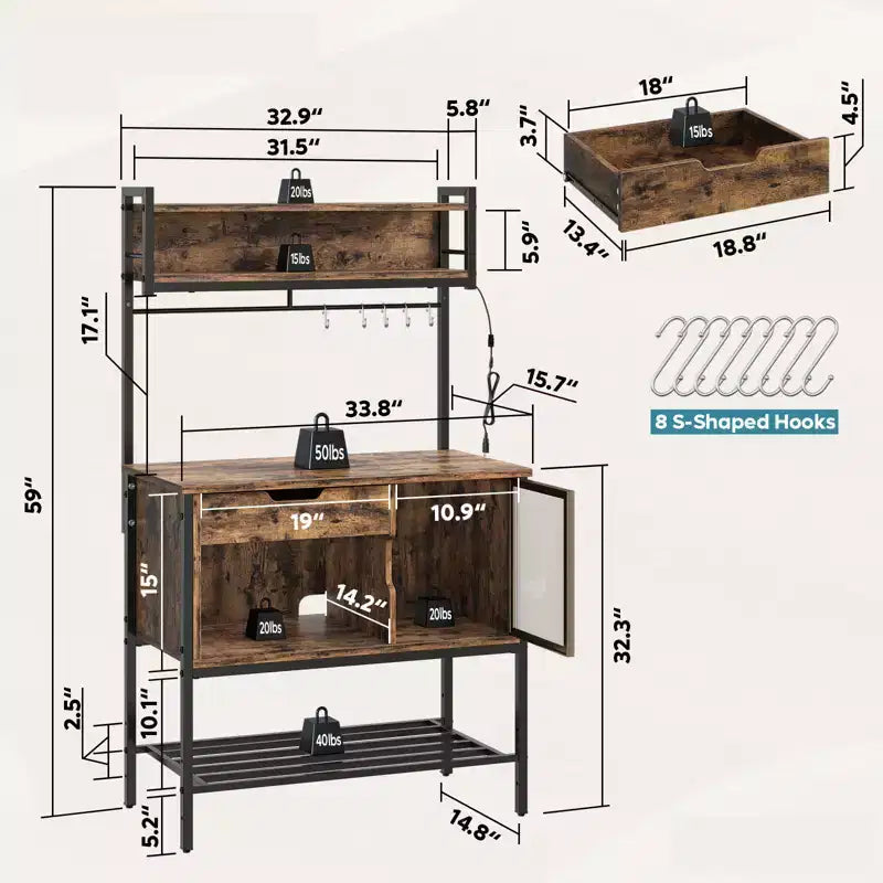 60" 6-Tier Kitchen Baker's Rack with LED Light, Microwave Stand, Drawer, Cabinet & 8 Hooks