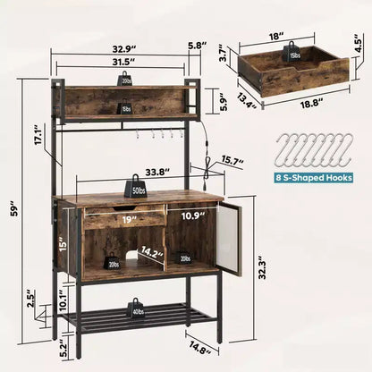 60" 6-Tier Kitchen Baker's Rack with LED Light, Microwave Stand, Drawer, Cabinet & 8 Hooks