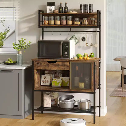 60" 6-Tier Kitchen Baker's Rack with LED Light, Microwave Stand, Drawer, Cabinet & 8 Hooks