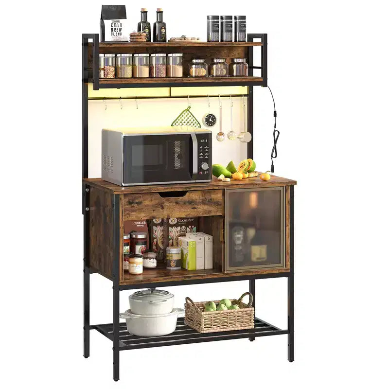 60" 6-Tier Kitchen Baker's Rack with LED Light, Microwave Stand, Drawer, Cabinet & 8 Hooks