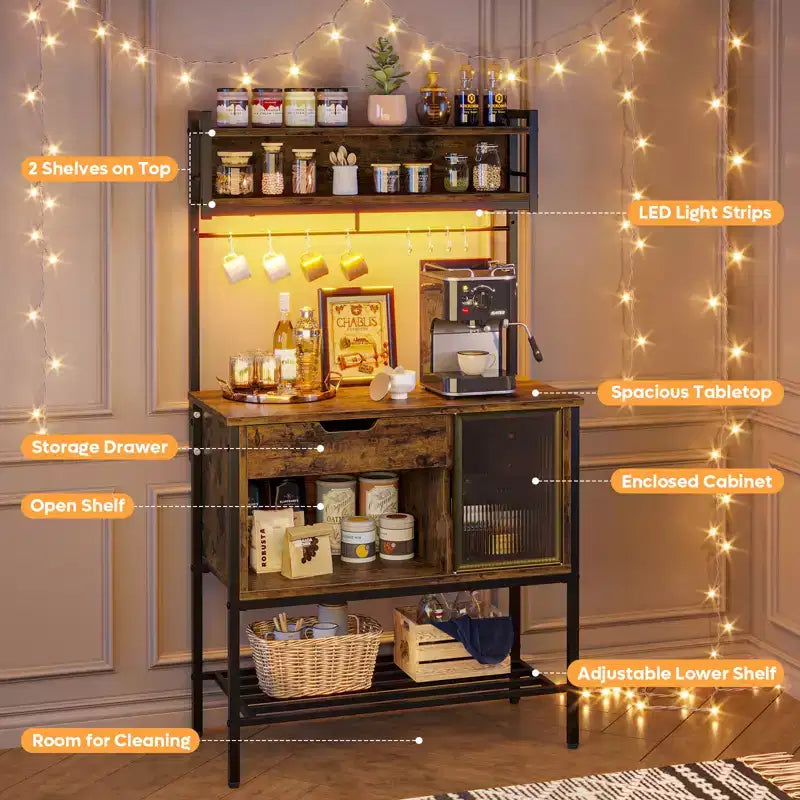 60" 6-Tier Kitchen Baker's Rack with LED Light, Microwave Stand, Drawer, Cabinet & 8 Hooks