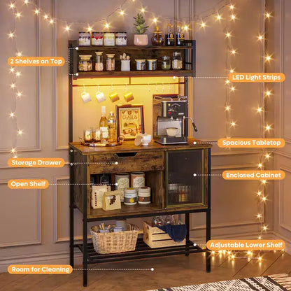 60" 6-Tier Kitchen Baker's Rack with LED Light, Microwave Stand, Drawer, Cabinet & 8 Hooks