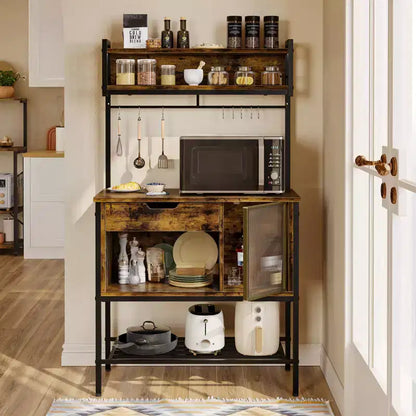 60" 6-Tier Kitchen Baker's Rack with LED Light, Microwave Stand, Drawer, Cabinet & 8 Hooks