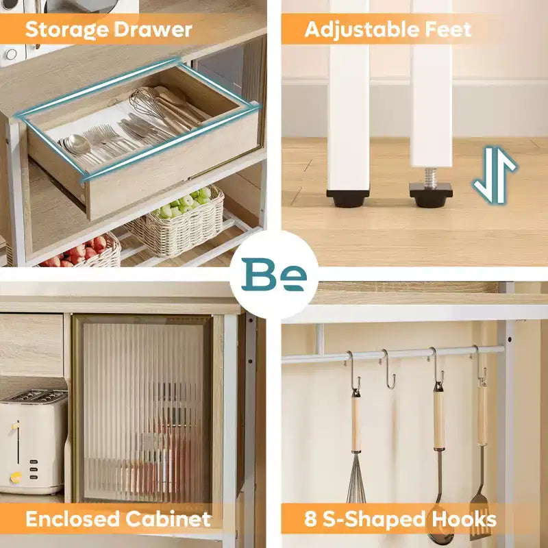 60" 6-Tier Kitchen Baker's Rack with LED Light, Microwave Stand, Drawer, Cabinet & 8 Hooks