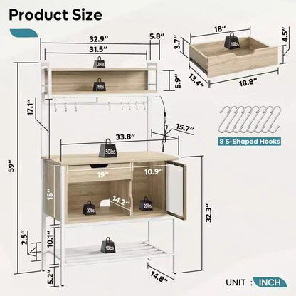 60" 6-Tier Kitchen Baker's Rack with LED Light, Microwave Stand, Drawer, Cabinet & 8 Hooks