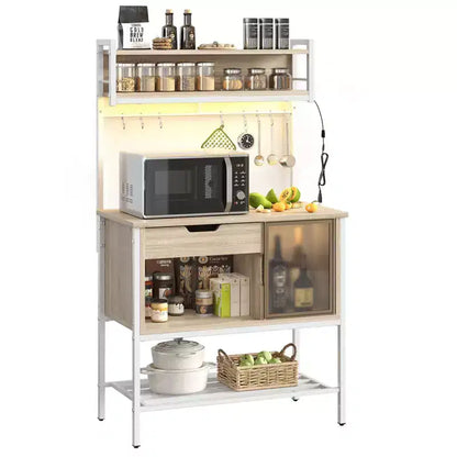 60" 6-Tier Kitchen Baker's Rack with LED Light, Microwave Stand, Drawer, Cabinet & 8 Hooks