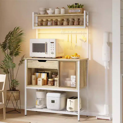 60" 6-Tier Kitchen Baker's Rack with LED Light, Microwave Stand, Drawer, Cabinet & 8 Hooks
