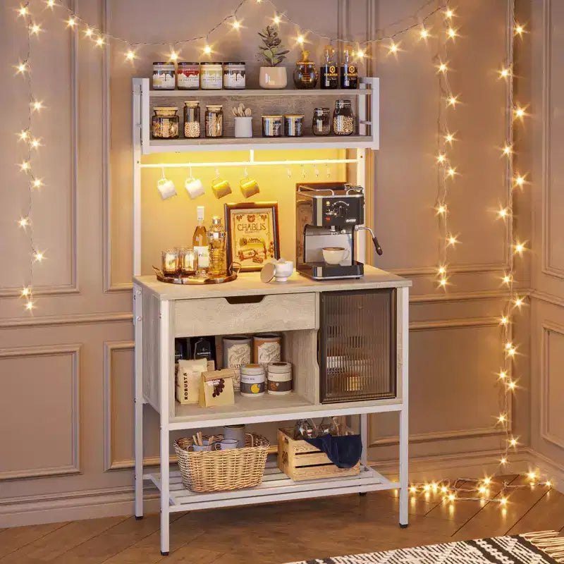 60" 6-Tier Kitchen Baker's Rack with LED Light, Microwave Stand, Drawer, Cabinet & 8 Hooks