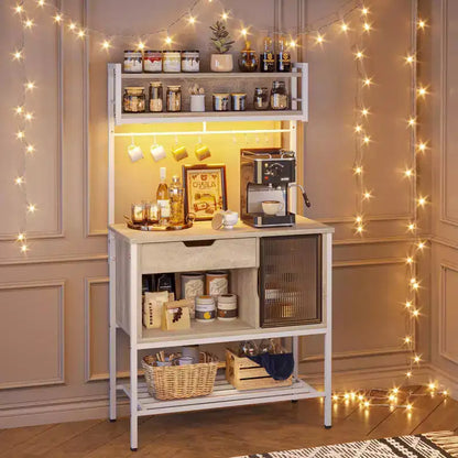 60" 6-Tier Kitchen Baker's Rack with LED Light, Microwave Stand, Drawer, Cabinet & 8 Hooks