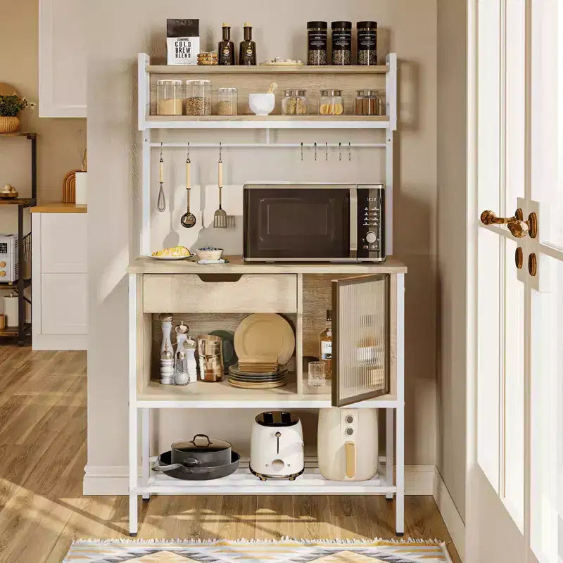 60" 6-Tier Kitchen Baker's Rack with LED Light, Microwave Stand, Drawer, Cabinet & 8 Hooks