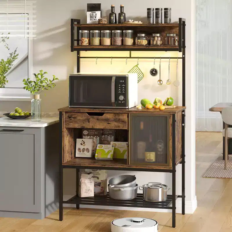 60" 6-Tier Kitchen Baker's Rack with LED Light, Microwave Stand, Drawer, Cabinet & 8 Hooks