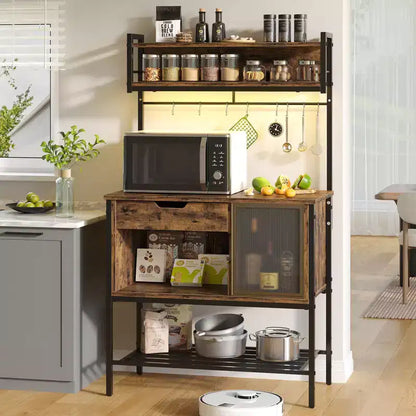 60" 6-Tier Kitchen Baker's Rack with LED Light, Microwave Stand, Drawer, Cabinet & 8 Hooks
