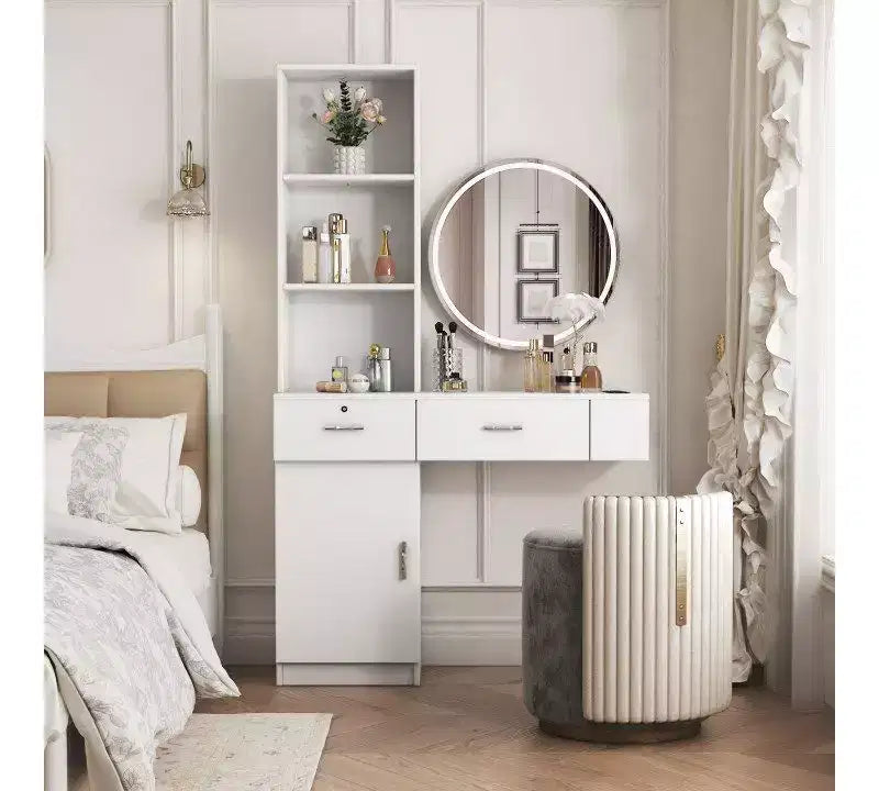 Okak Vanity Table with Lights, Modern Sleek Vanity Desk with Multi-Tier Storage System & Built-In Mirror, Bedroom Makeup Set for Space, White