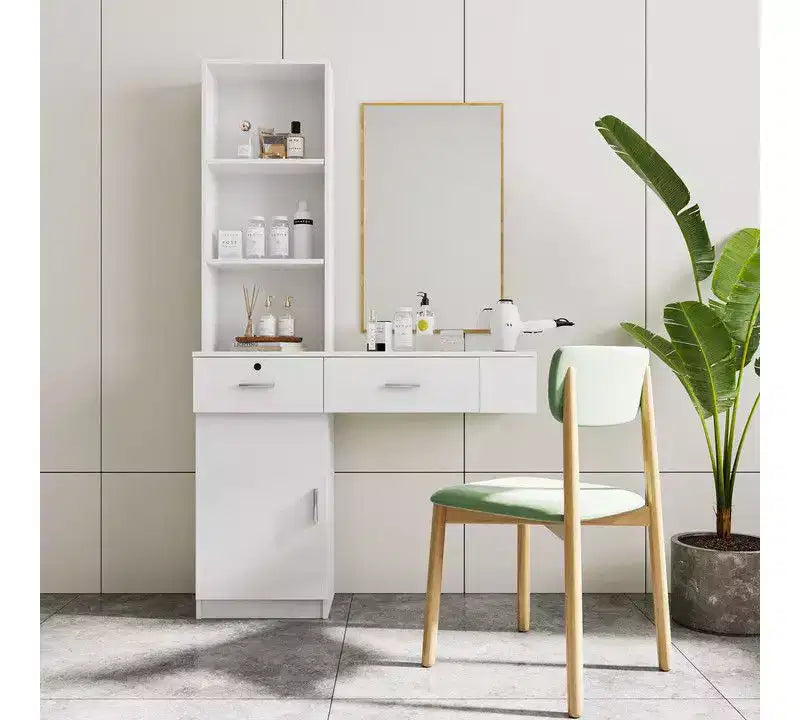 Modern Vanity Desk with Multi-Tier Storage, Built-In Mirror & LED Lights, White