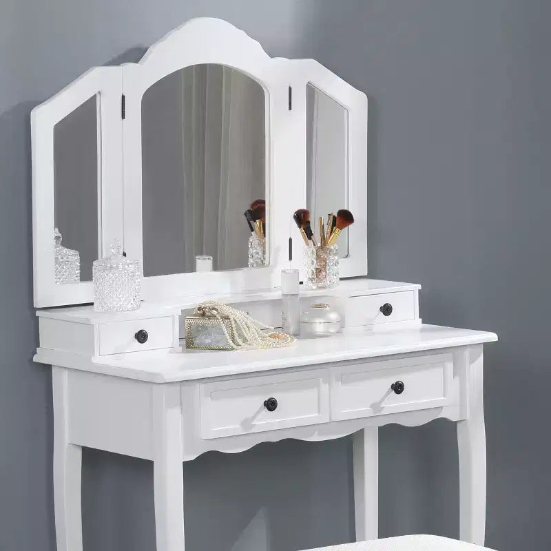 Okak Vanity Table and Chair Set, Wooden Makeup Vanity Desk & Stool Set for Bedroom & Living Room, White