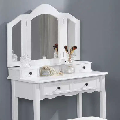Okak Vanity Table and Chair Set, Wooden Makeup Vanity Desk & Stool Set for Bedroom & Living Room, White