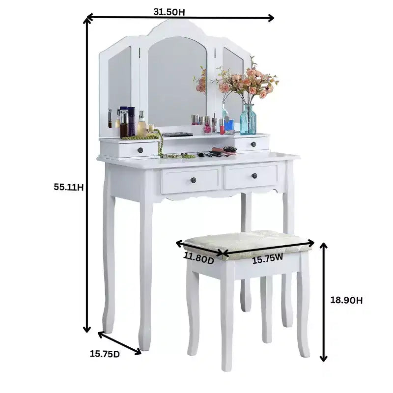 Wooden Makeup Vanity Desk & Stool for Bedroom & Living Room, White