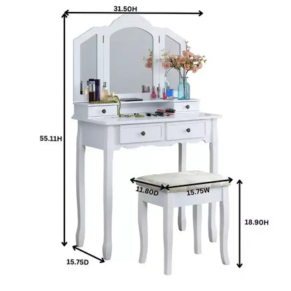 Wooden Makeup Vanity Desk & Stool for Bedroom & Living Room, White