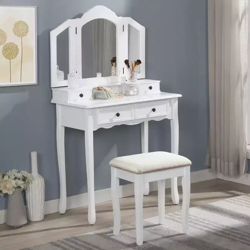 Wooden Makeup Vanity Desk & Stool for Bedroom & Living Room, White