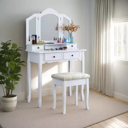 Wooden Makeup Vanity Desk & Stool for Bedroom & Living Room, White