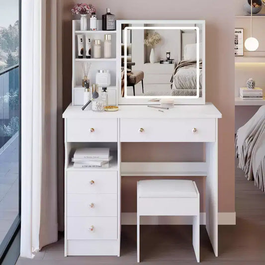 Okak Vanity Table with Drawers and Lights,37 Left-Side Vanity Desk with Cushioned Stool & Extra-Large Touch Sliding LED Mirror,White