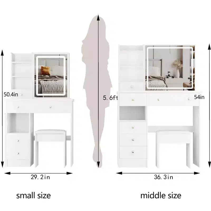 37" Left-Side Vanity Desk with Drawers, Cushioned Stool & Touch LED Mirror, White