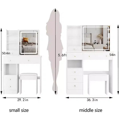 37" Left-Side Vanity Desk with Drawers, Cushioned Stool & Touch LED Mirror, White