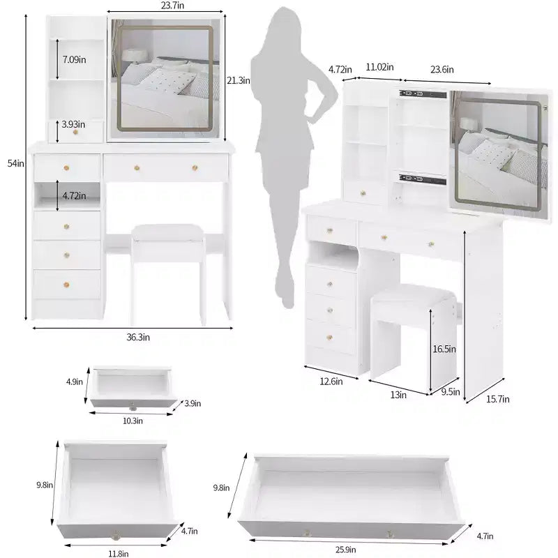 37" Left-Side Vanity Desk with Drawers, Cushioned Stool & Touch LED Mirror, White