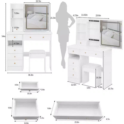 37" Left-Side Vanity Desk with Drawers, Cushioned Stool & Touch LED Mirror, White